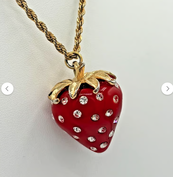 KENNETH LANE KJL Red Enamel Rhinestone Strawberry Pendant Rope Chain Necklace